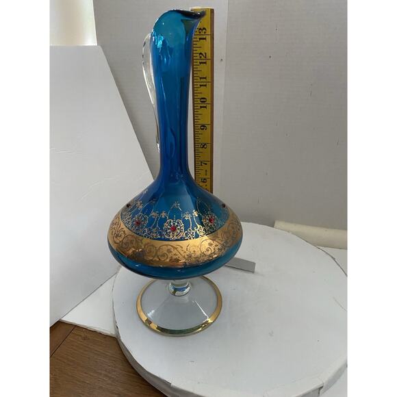 VTG Italian Venetian Murano Aqua Blue Glass Gold Gilt Red Jewels Ewer Decanter - Picture 9 of 16